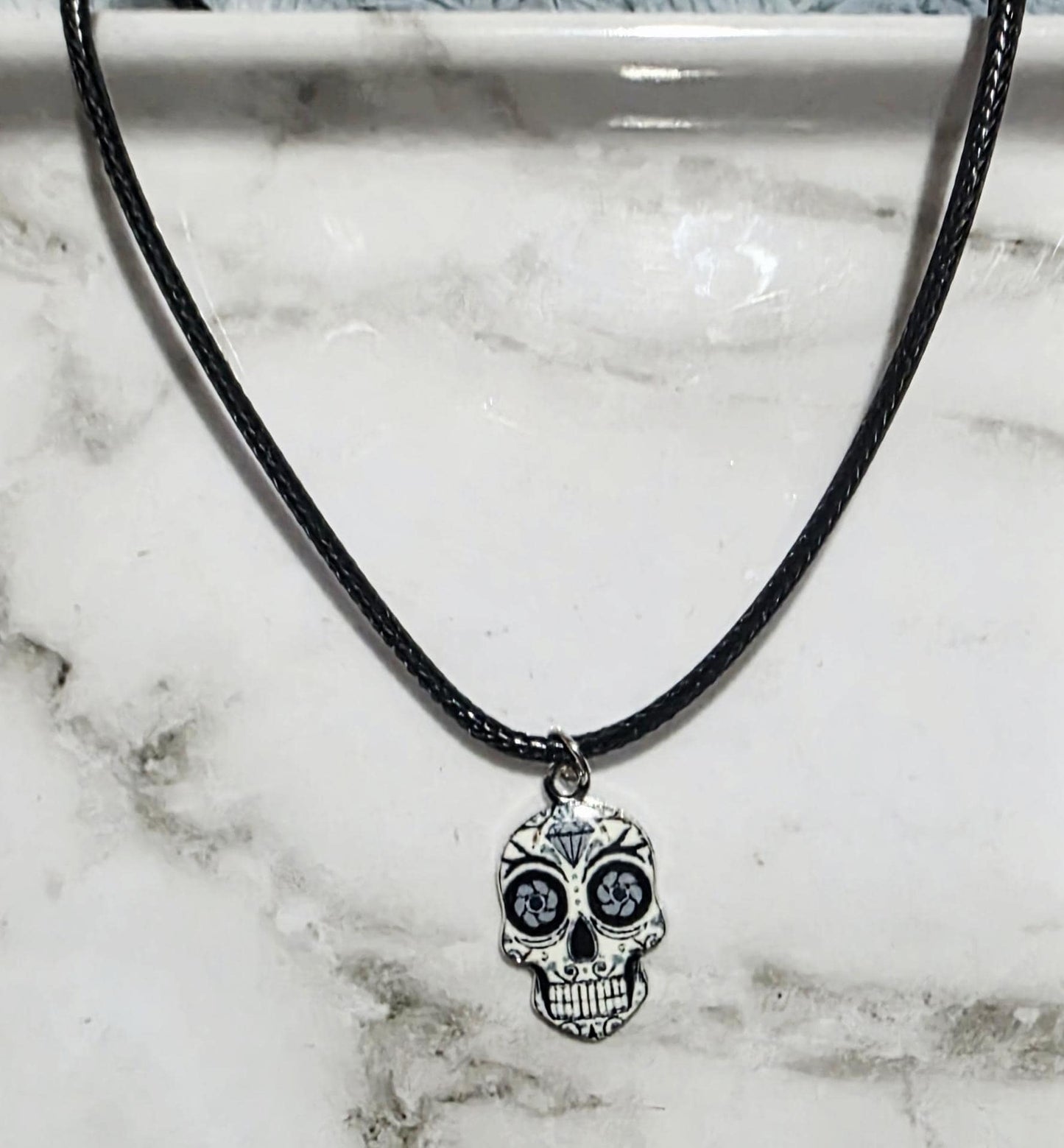 Soulbound Sugar Skull Leather Necklace ā Day of the Dead Jewelry, Gothic Boho Pendant, BoutiqueByCheryl Handmade Gift for Her or Him