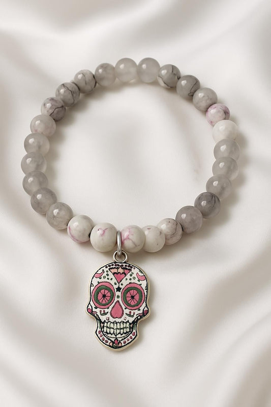 Sugar Skull Glass Beaded Bracelet – Day of the Dead Jewelry, Colorful Handmade Skull Charm, BoutiqueByCheryl Gift for Her or Him